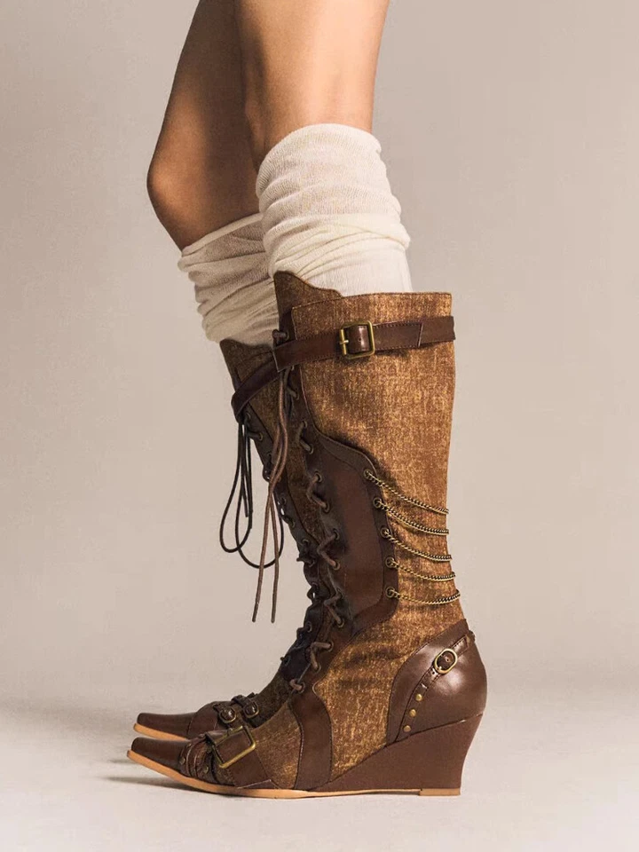 Mujeres Retro Con Cordones Hasta la Rodilla Tacones Punk Botas Cremallera Western Botas de Vaquero Foto 4 de 4