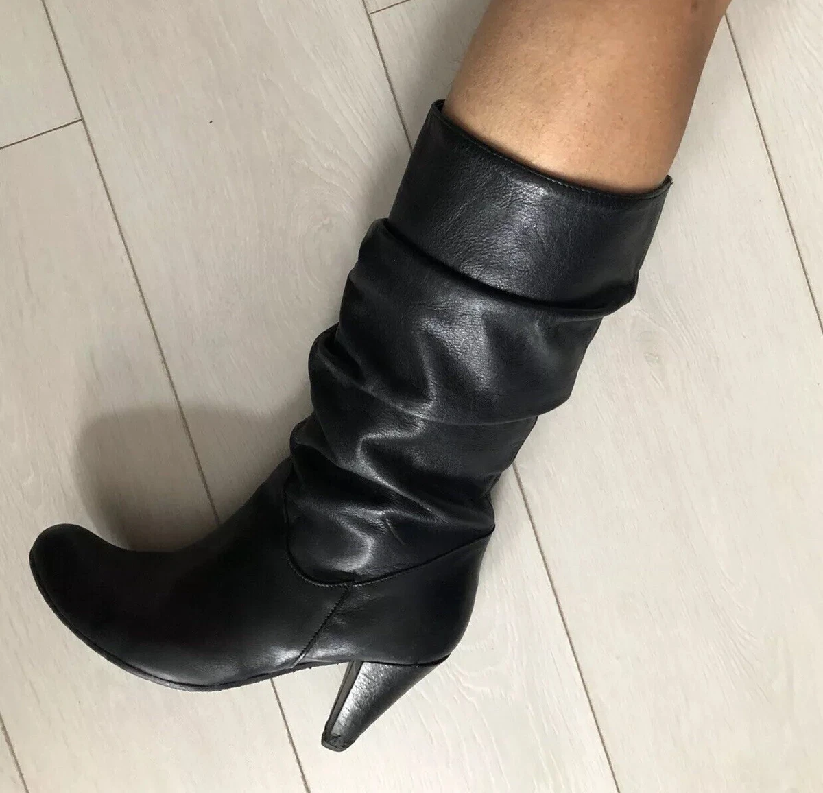 Divine Follie Italy Genuine Leather Cone 3 Heel Almond Toe Mid Calf Boots 7
