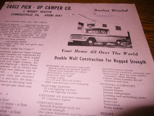 DE COLECCIÓN EAGLE PICK-UP CAMPER CO. CAMIÓN CÁMPER VENTA FOLLETO HOJA - Imagen 2 de 2