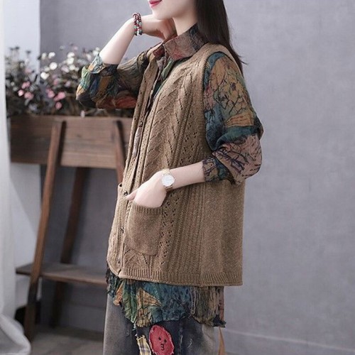 Damen Strick Weste Hohl Pullover Strickjacke Top Ethnisch - Bild 11 von 15