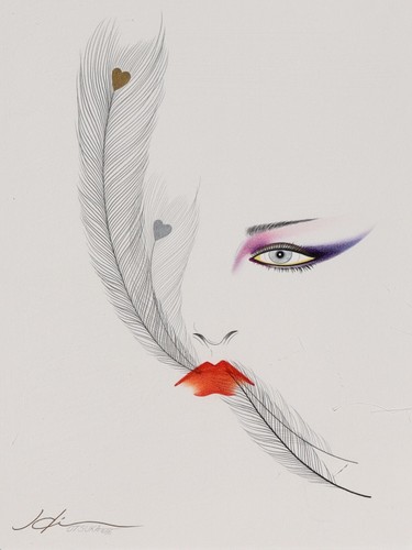 HISASHI OTSUKA Face of a Woman w Feathers & Hearts ORIGINAL Mixed Media on Paper - Picture 2 of 5