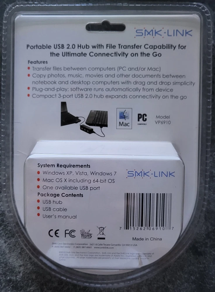USB 2.0 Hub SMK-Link VP6910 Data File Transfer Cable w/USB Hub Windows Mac OS 64