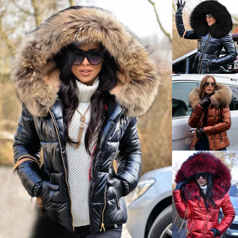 Womens Parka Zipper Winter Coat Down Jacket Ladies Fur Hooded