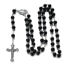 Rnivida Catholic Black Rosary Beads Necklace with Jesus Crucifix, Catholic Pr...