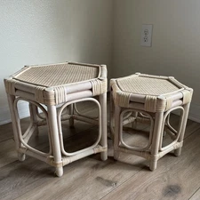 VINTAGE BEIGE  BAMBOO RATTANT HEXAGON PEDESTALS  (2) NESTING PLANT STANDS/RISERS