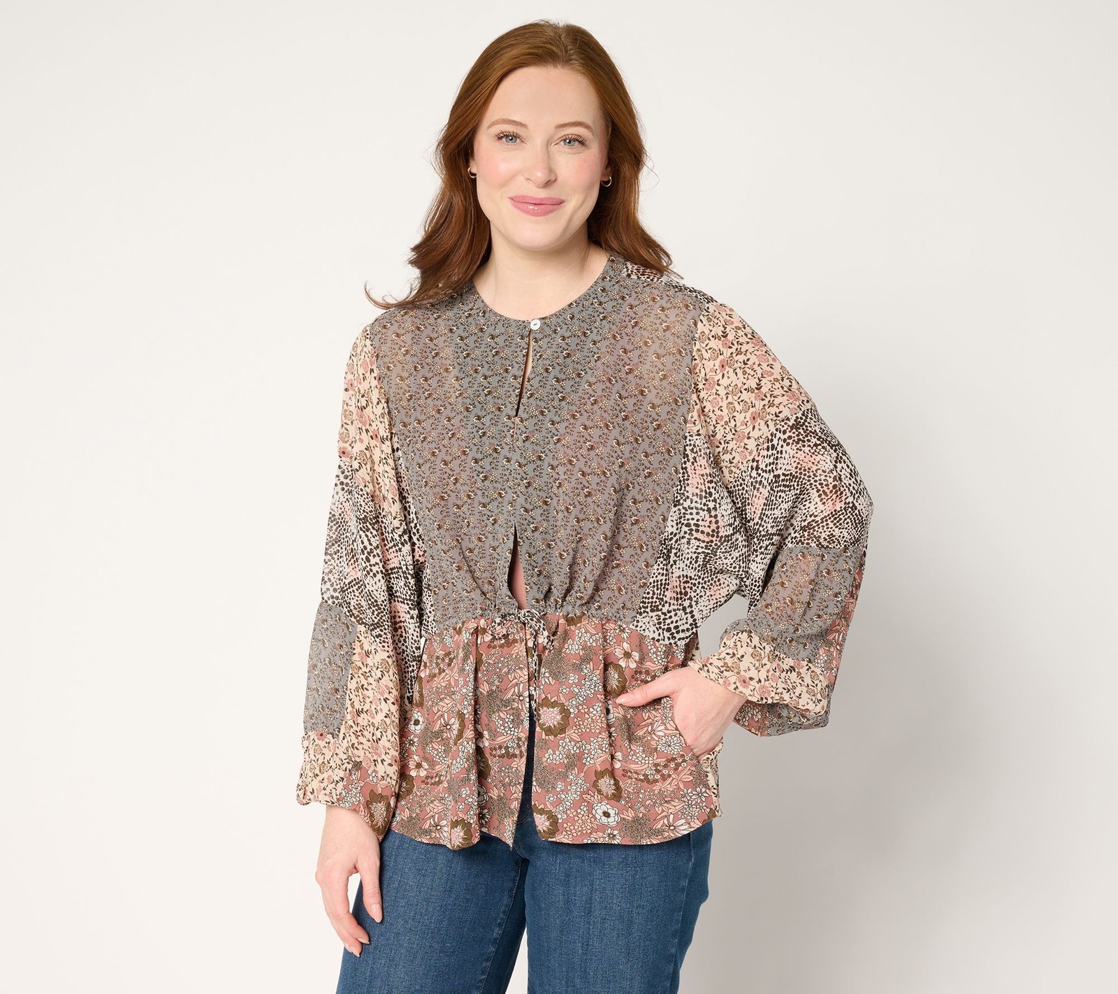 LOGO Lavish by Lori Goldstein Women's Top Sz XS Woven Mix Pattern Brown A683841