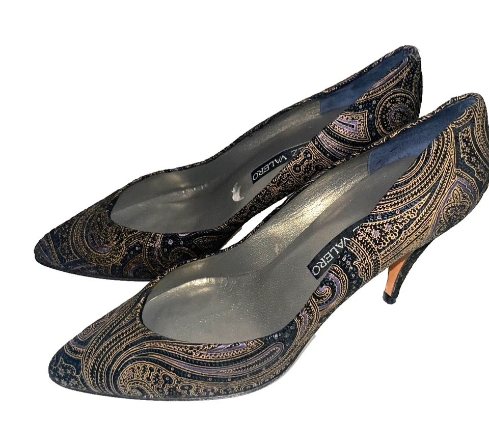 Martinez Valero Mujer’s Vintage Nuevo en Caja Paisley Estampado Cuero Genuino Tacones Talla 9 Foto 2 de 4