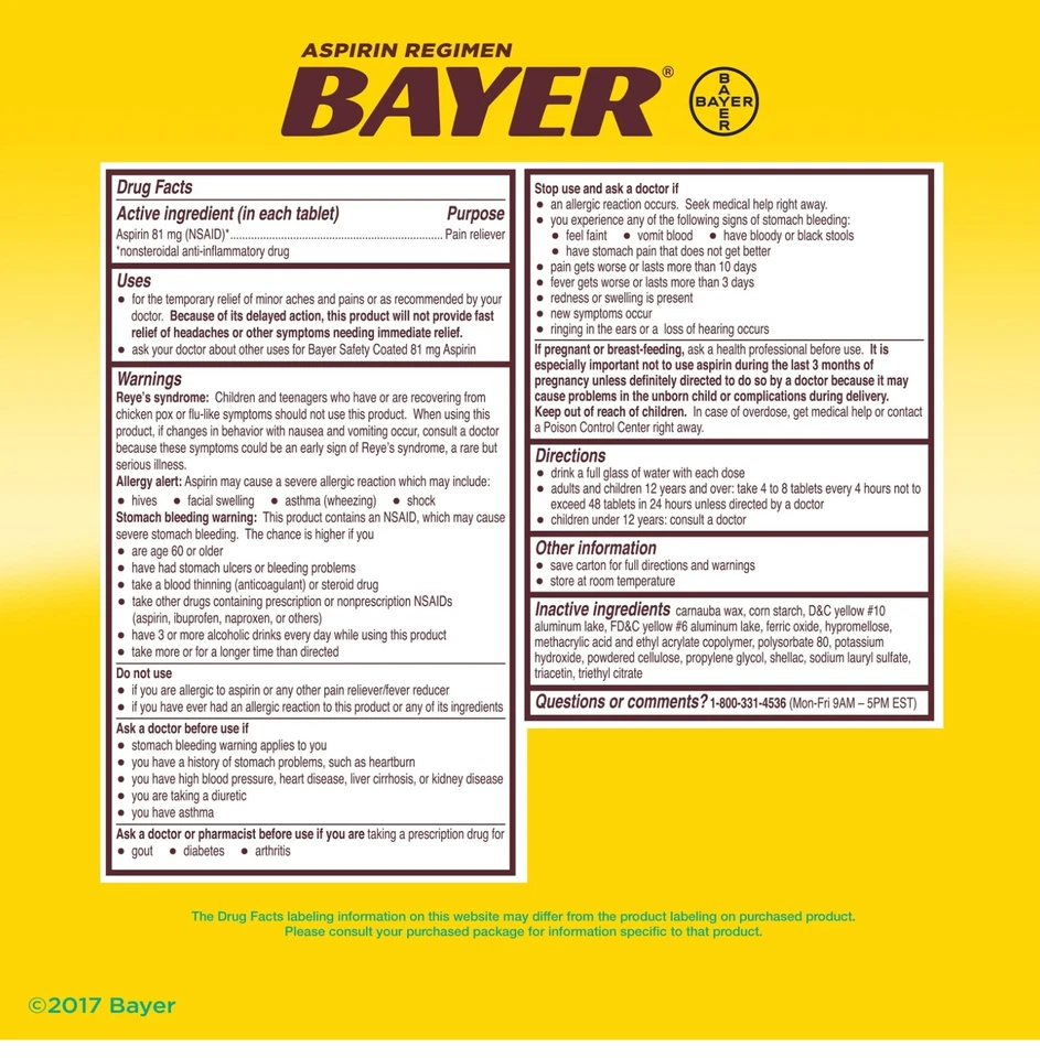 Bayer Aspirin Regimen Low Dose 81 mg. 400 Enteric Coated Tablets Foto 3 de 3