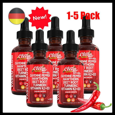 1-5Pack Vascu Flow Cayenne Pepper Liquid Drops Hawthorn Beef Root..Vitamin K2+D3