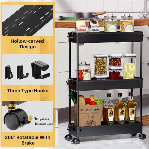 3 Tier Slim kitchen Trolley Cart - Rolling Utility Storage Organiser - Black - Picture 2 of 8