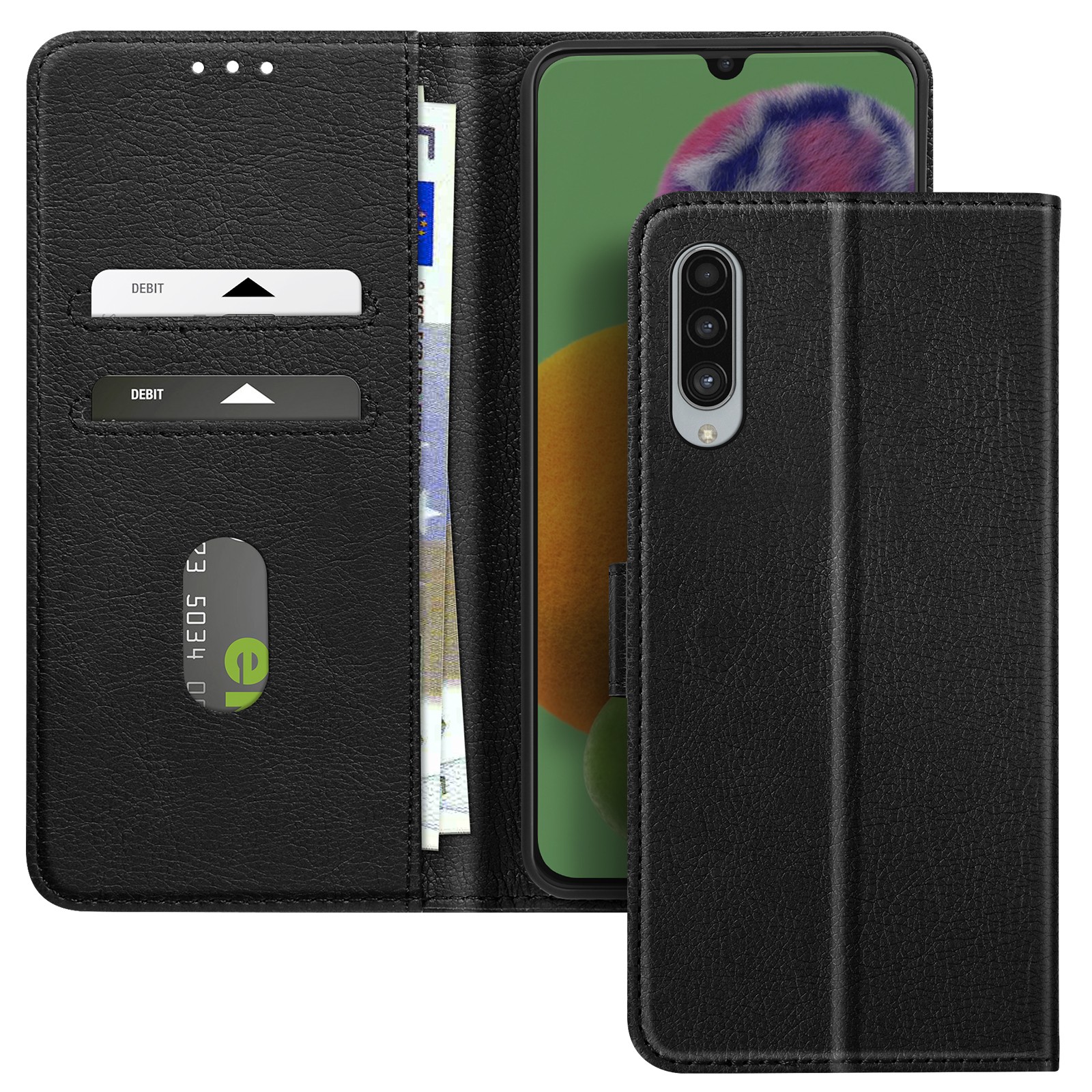 Étui Galaxy A90 Avizar en simili cuir noir avec support vidéo