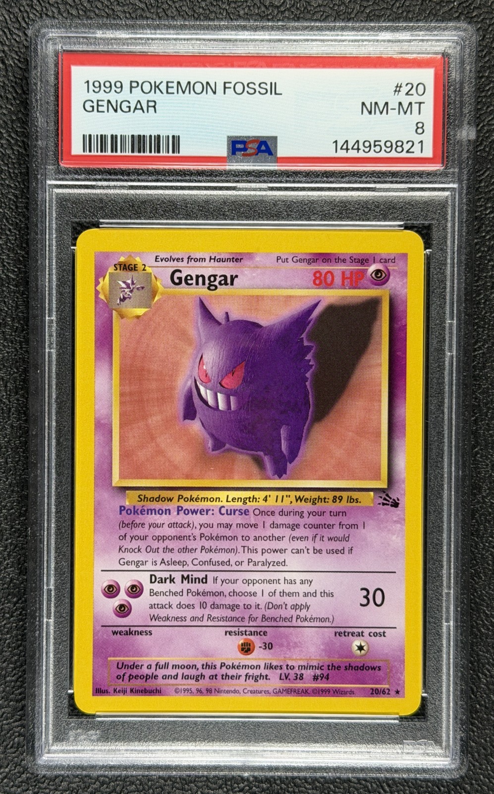 1999 Pokemon Fossil #20 GENGAR 20/62 Rare Base Set Series Fossil Card PSA 8