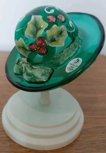 Fenton Emerald Green Glass Red Holly Hand Painted Hat with Wooden Stand Signed