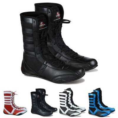 Rightpunch High Top Leather Boxing Shoes Long Wrestling Boots Ankle Support Men