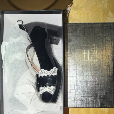Black Patent Leather Pumps Block Heel Bow Lace Ankle Strap Women's Size 9