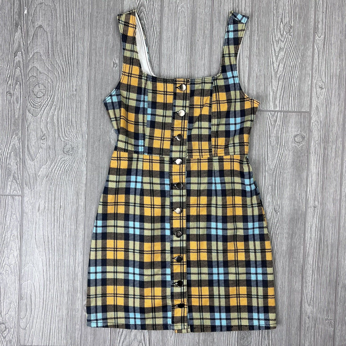 Urban Outfitters Plaid Button Up Jumper Overall Dress Mini Teal Yellow  Women's