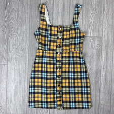 Urban Outfitters Plaid Button Up Jumper Overall Dress Mini Teal Yellow Women's 6