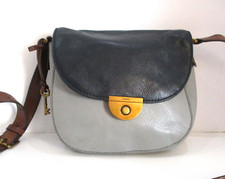 Vintage Fossil Black Navy Cow Hide Leather Cross Body Bag with Brown Strap Key