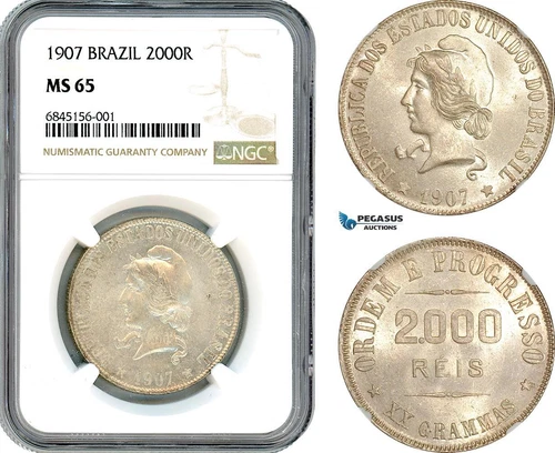 AI512, Brazil, 2000 Reis 1907, Rio de Janeiro Mint, Silver, NGC MS65