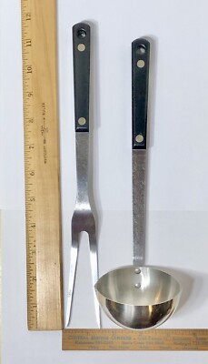 MCM Set/2 VTG ACE Soup Spoon Ladle & Meat Fork Black Handle Brass Rivets 11 