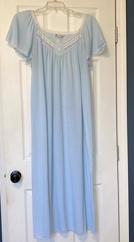 Vintage Vandermere Baby Blue Cottagecore Cotton w Lace Long Nightgown Sz XL