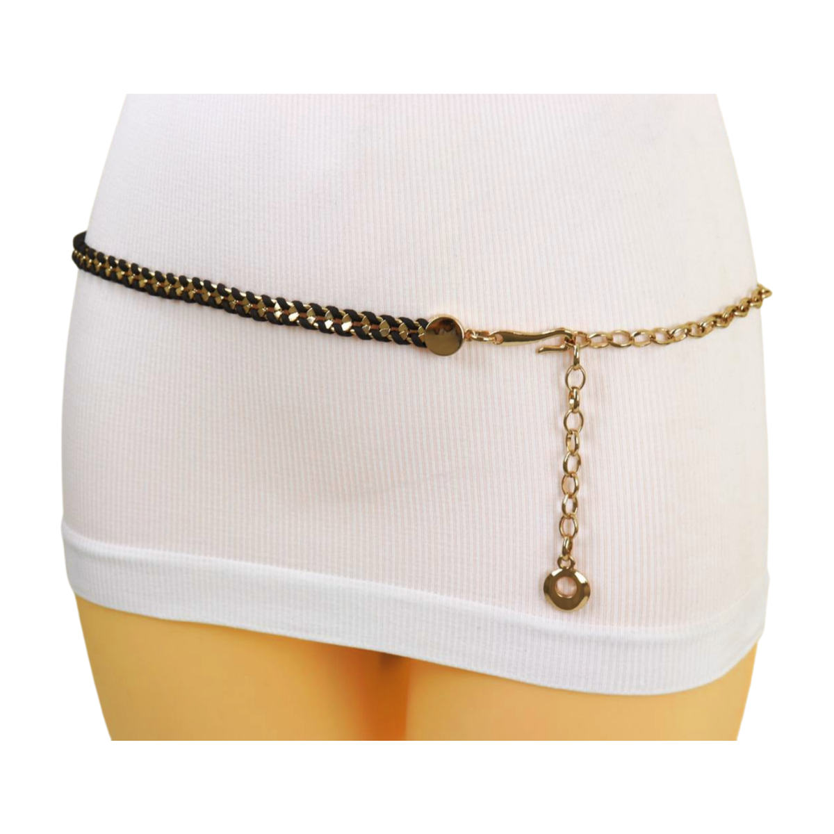 Women Gold Metal Chain Links Black Braided Waistband Skinny 