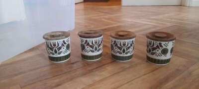 Royal Worcester Vintage Palissy Contessa Set Holzdeckel Keramik kleines Glas Topf x4