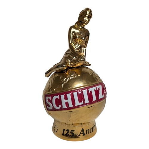 SCHLITZ 125th ANNIVERSARY DECANTER 1849-1974 by CERAMARTE Golden Lady on Globe