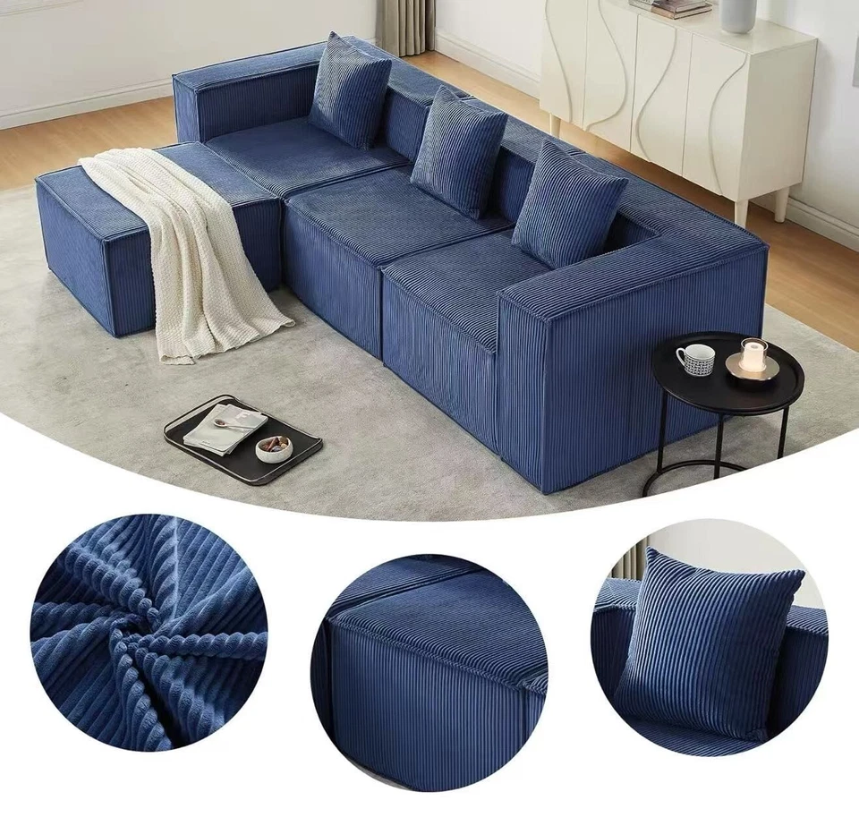 L-shaped modular sofa, wide arms, soft foam, no assembly required (Blue & White)