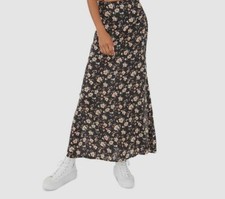  65 Free People Women's Black Floral Cloth Belt Side Slit Midi Maxi Skirt Size 0