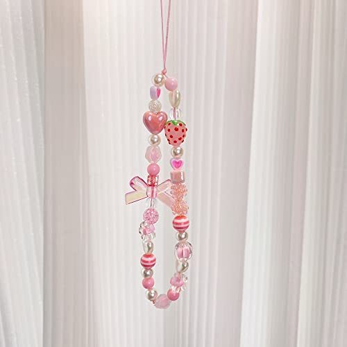 Breloques de téléphone sangle, rose mignon, esthétique amour chaîne de téléphone fille, perles nacrées - Photo 3 sur 8