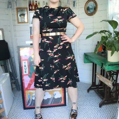 Vintage Retro 60s Black Floral Flowery Blumen Muster Print Midi Dress Mod Gogo