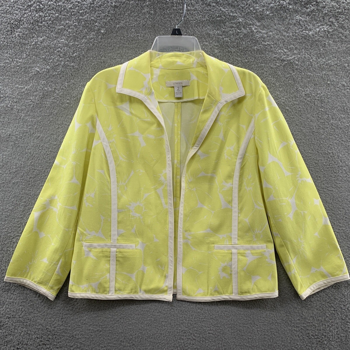 Chico’s Bright Yellow White Floral Textured Open Blazer Jacket Pocket Size  (M)