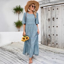 Plus Size Boho Floral Kaftan Dress Loose Fit Round Neck Half Sleeve Maxi Dress