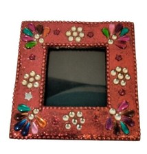 Red Beaded Frame Table Picture Metallic Jeweled Whimsycore 3 x 3
