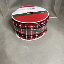 Celebrate It Red White Black Woven Plaid Wired Christmas Ribbon 2.5  x 25  