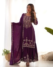 Women Sharara Suit Set Wine Purple Embroidered Chinon Silk Party Wedding Wear