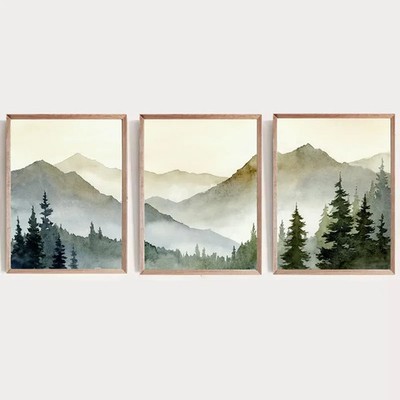 Aquarell Leinwandbild Landschaft Sonnenuntergang grüne Berge Wald Wandkunst