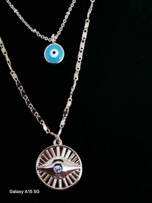 Evil Eye Silver Tone Layered Link Chain Necklace Blue Crystal Pendant Adjustable
