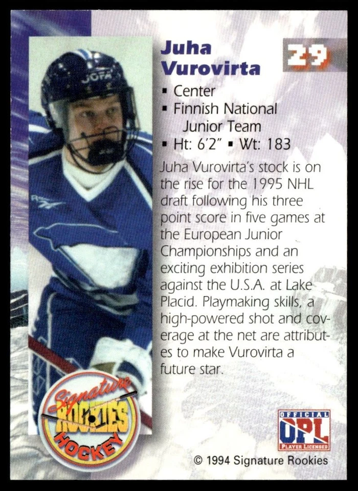 1994-95 Signature Rookies Juha Vurovirta Auto /214 Buffalo Sabres #29 - Image 2 of 2