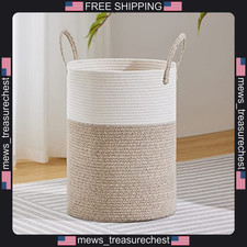 Laundry Basket Tall Woven Cotton Rope 72L White Brown Storage Organizer