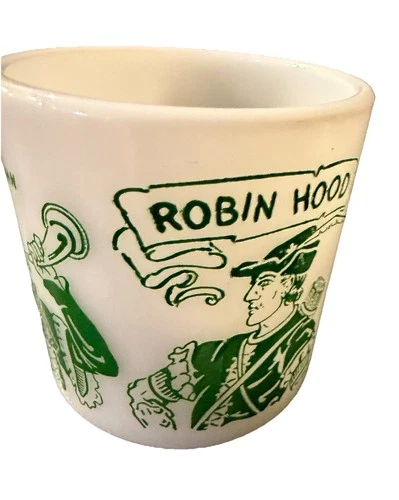 Vintage HAZEL ATLAS Milk Glass CHILD'S MUG Cup ROBIN HOOD Friar Tuck Little John