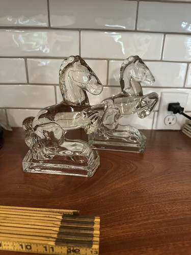 L.E. Smith Clear Glass Rearing Horse Bookends 1940's Pair Vintage MCM Midcentury - Picture 8 of 9