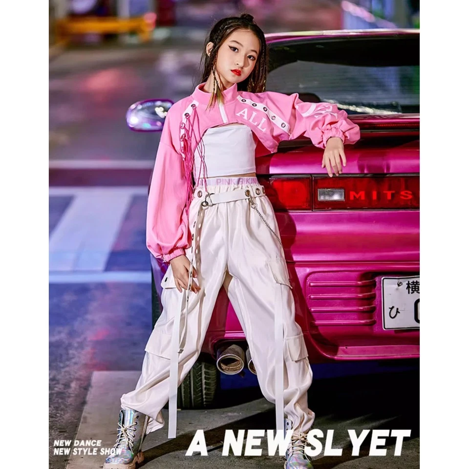 Hip Hop Street Dance Costume Girls Jazz Modern Tap Outfit Vest Coat Cargo Pants - Image 3 of 4