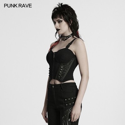 Punk Rave Women Black Gothic Sexy Cyberpunk Adjustable Buckle Strap Corset Tops
