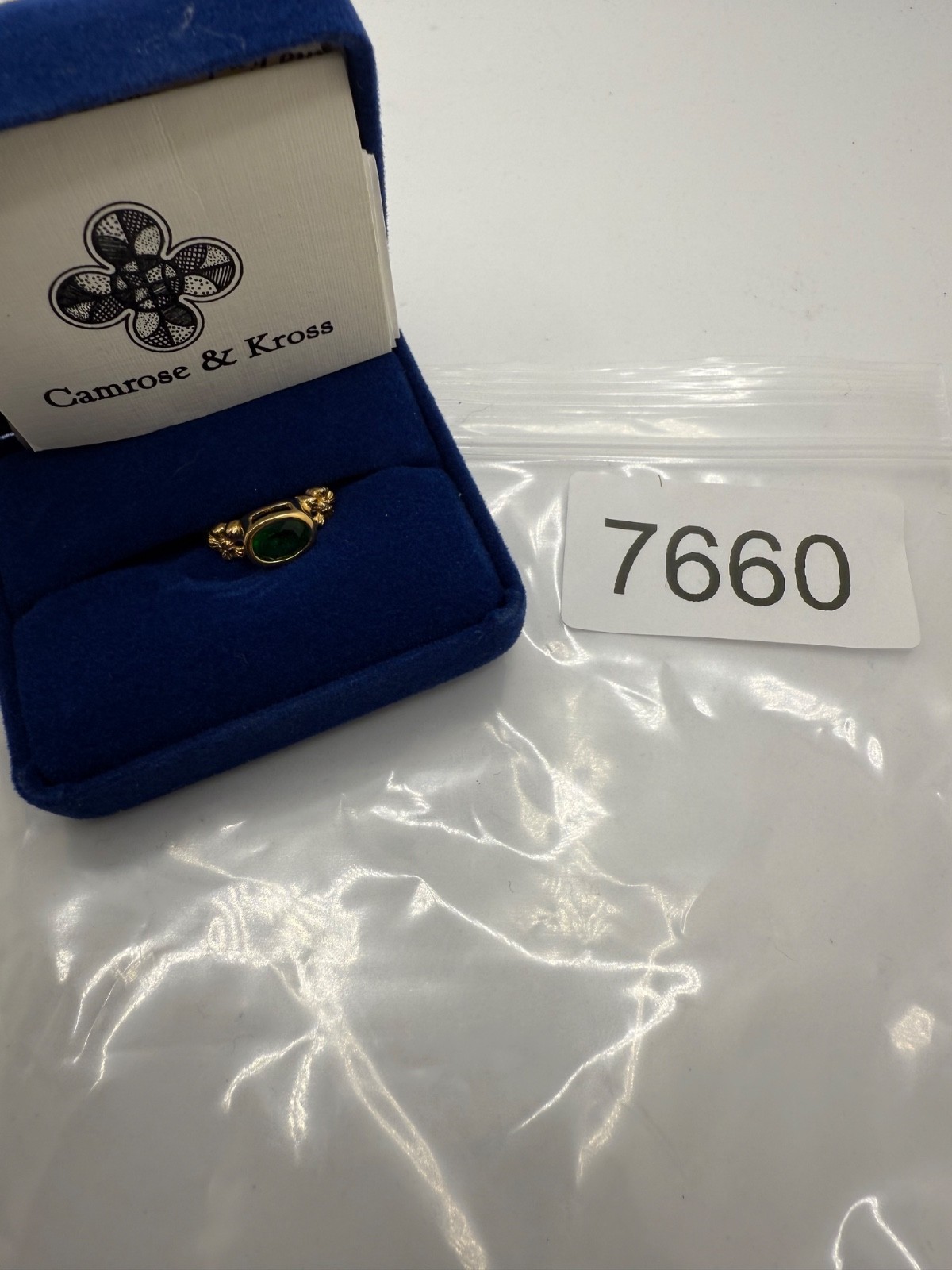  Vintage Camrose Kross JBK Ring Green Rhinestone Gold Tone  COA Size 5