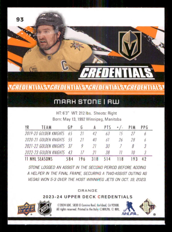 2023-24 Upper Deck Credentials Orange #93 Mark Stone /249 - Image 2 of 2