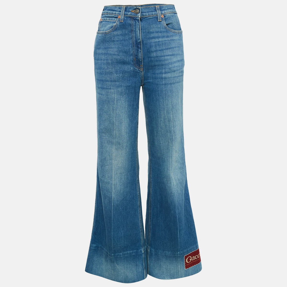デニム・ジーパン GUCCI Woman Jeans Blue 816971XDC5F 4100 Gucci Blue Washed Denim Logo Patch Flared Jeans S Waist 26
