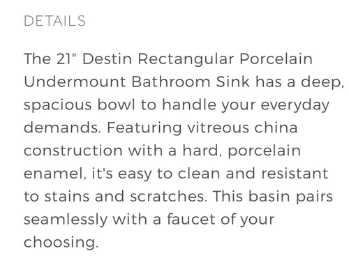 Signature Hardware Destin Rectangular 21”Porcelain Undercount Bathroom Sink - Picture 7 of 8