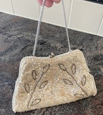 Vintage White Sequin Pearl Beads Evening Bag Clutch Japan Flaw Glamorous Party